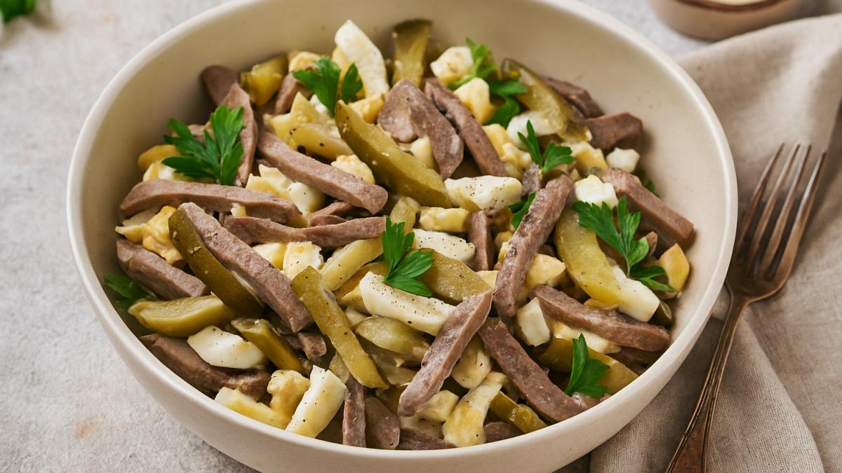 Салат с языком и маринованными огурцами
