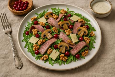 Мясной салат с отварной говядиной и солеными огурцами дарит домашнее тепло и стабильность