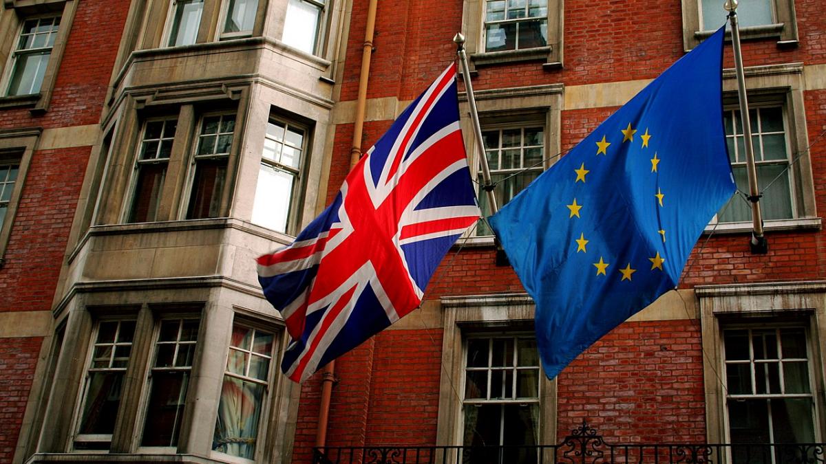 The Union Jack and the european flag in a building of London The Union Jack and the european flag in a building of London