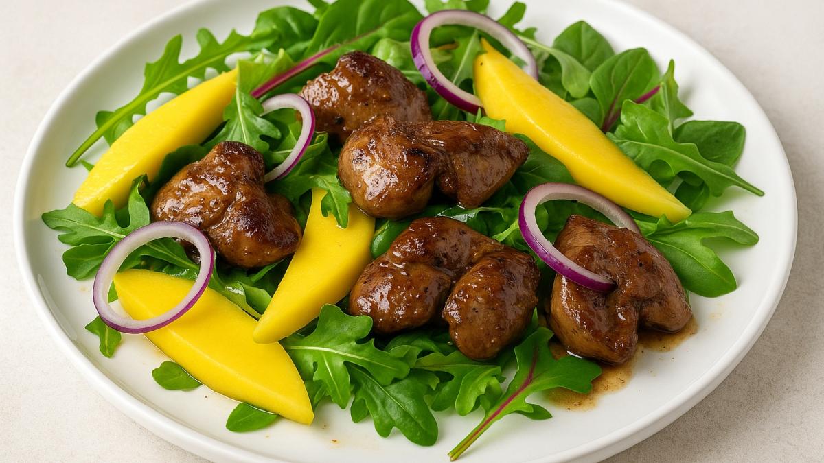 Салат с манго и куриной печенью