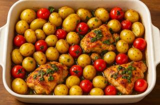 Курицу с картошкой луком и овощами запекают на одном противне чтобы мясо пропитывало гарнир