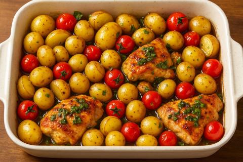 Курицу с картошкой луком и овощами запекают на одном противне чтобы мясо пропитывало гарнир