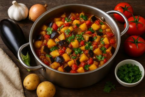 Овощное рагу с баклажанами и стручковой фасолью тушится в кастрюле с томатным соусом