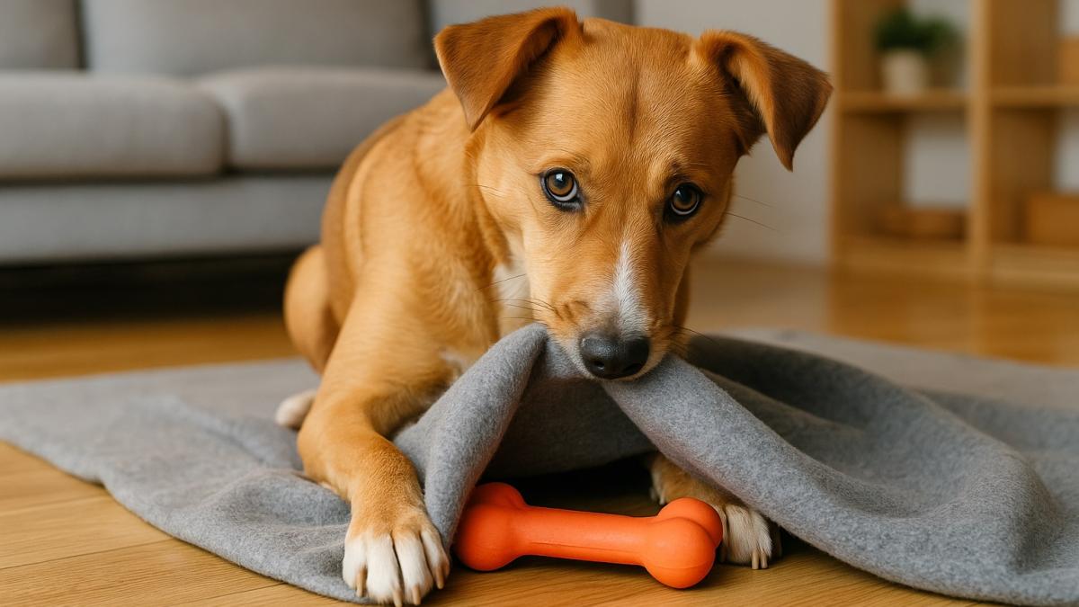 Собака прячет игрушку под пледом