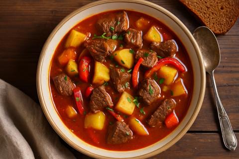 Гуляш из говядины при тушении с томатной пастой и мукой приобретает насыщенный вкус
