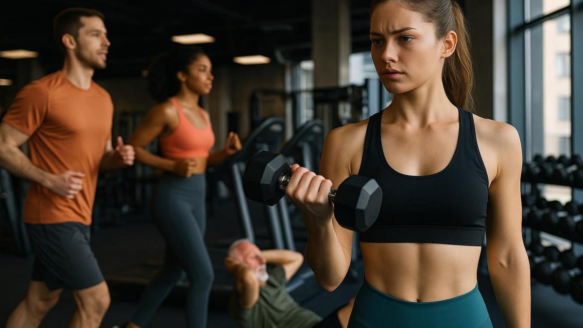 Женщина поднимает гантели в спортзале