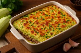 Запеканка из кабачков и помидоров запекается в духовке при 180 градусах с сыром для золотистого вида