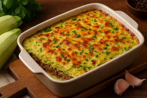 Запеканка из кабачков и помидоров запекается в духовке при 180 градусах с сыром для золотистого вида