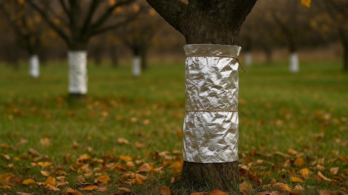 Осенняя защита яблонь фольгой