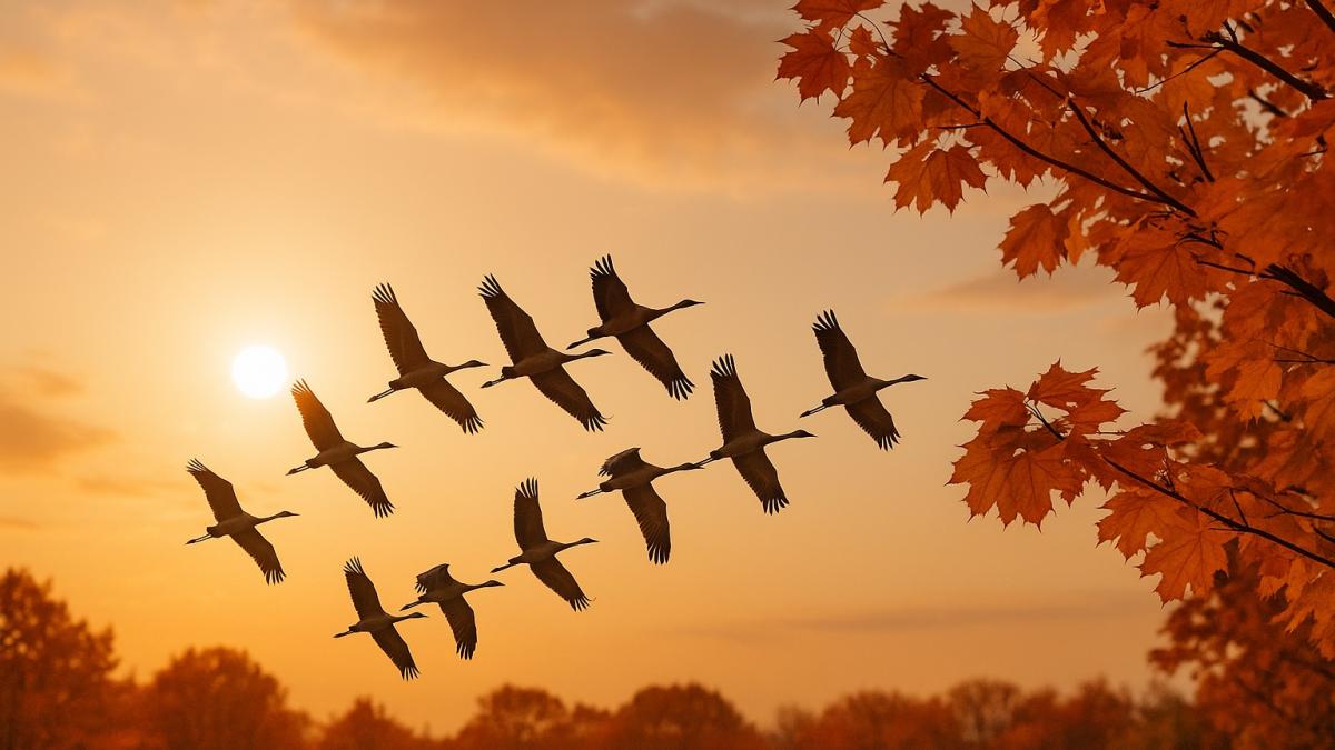 Перелётные птицы над осенним небом