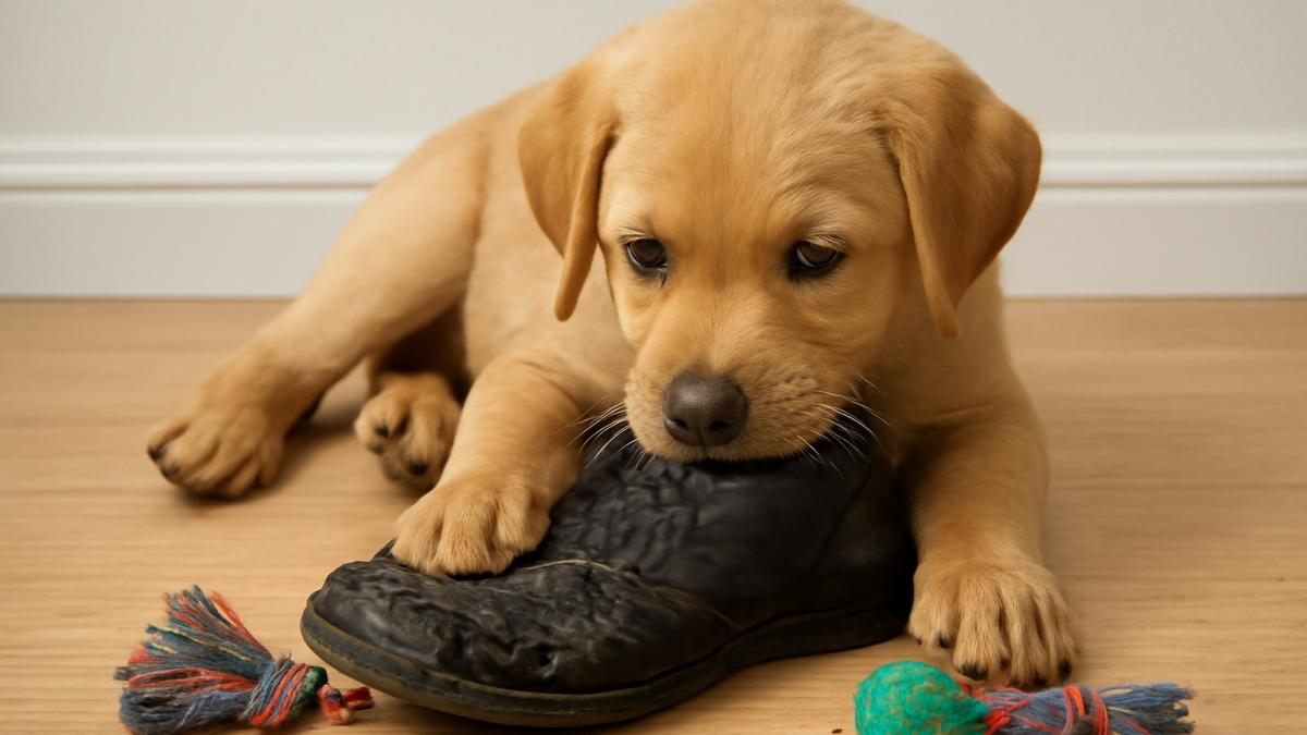 щенок грызет обувь