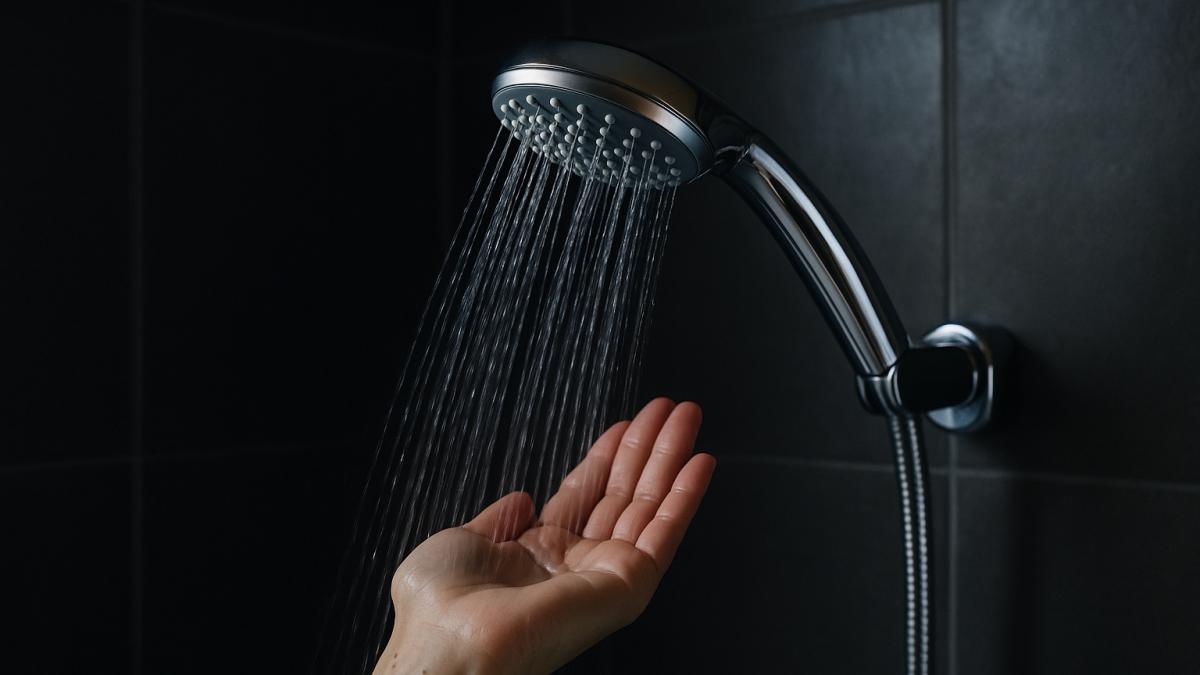 Душевая лейка с водой в тёмной ванной