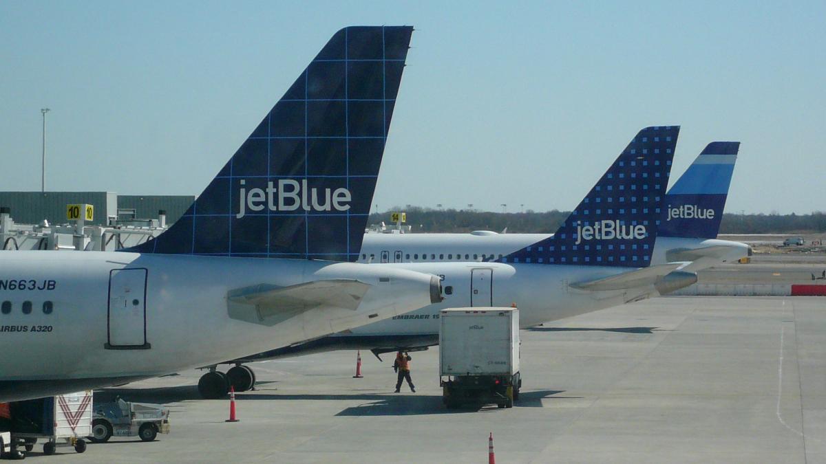Three airplane tail sections JetBlue T5 Terminal
