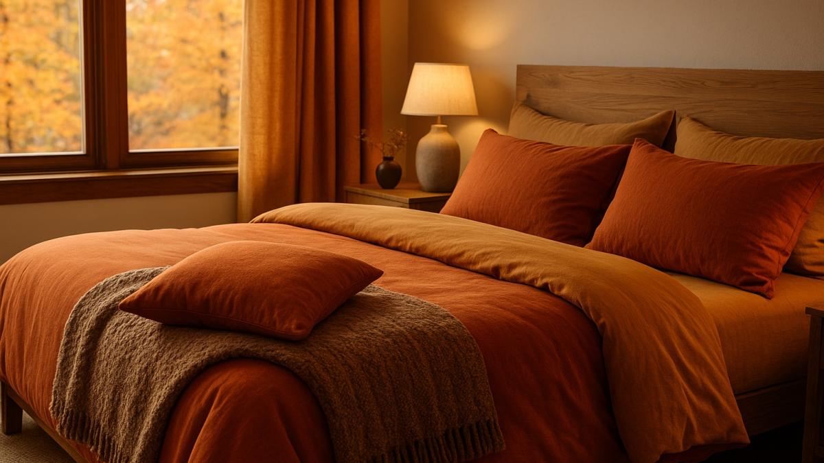 Осенняя спальня с тёплым постельным бельём