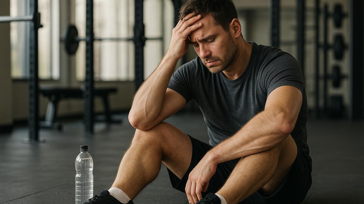 Мужчина с похмелья в спортзале Мужчина с похмелья в спортзале