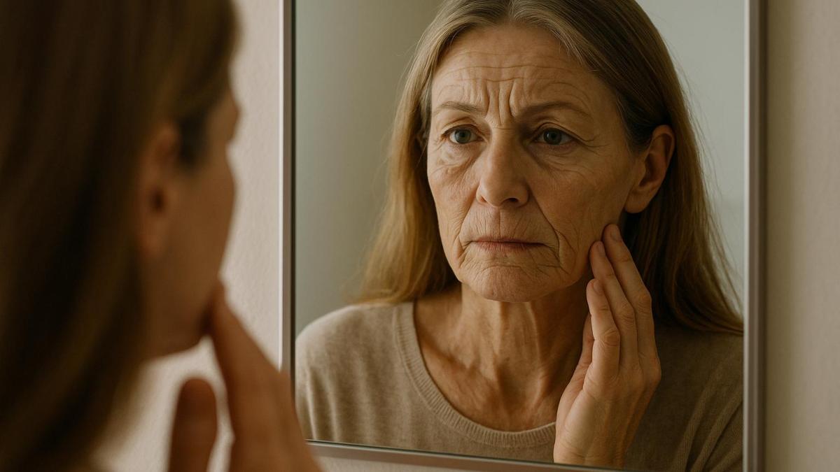 Женщина перед зеркалом с морщинами