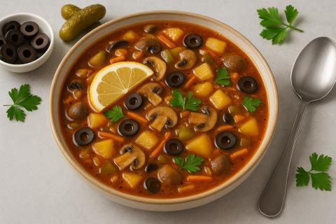 Солянка с лимоном сочетает насыщенный мясной бульон, аромат копчёностей и пикантную кислинку