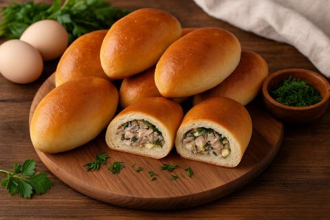 Пирожки с колбасой и сыром на сковороде получаются сочными