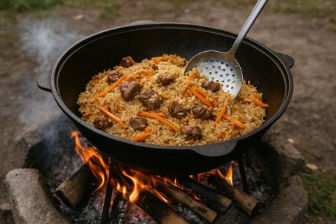 Плов из свинины в казане на костре получается рассыпчатым при соблюдении технологии приготовления
