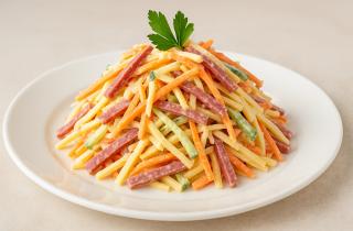 Салат с яичными блинчиками и копченой колбасой готовится за 30 минут