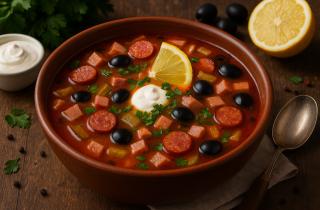 Рыбная солянка готовится с маслинами и лавровым листом, чтобы получить кислинку и пикантный аромат