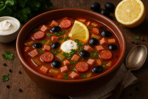 Рыбная солянка готовится с маслинами и лавровым листом, чтобы получить кислинку и пикантный аромат Рыбная солянка готовится с маслинами и лавровым листом, чтобы получить кислинку и пикантный аромат