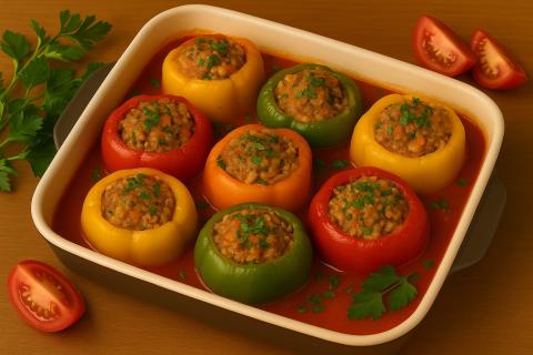 Фаршированные перцы с мясом и рисом в кастрюле получаются сочными