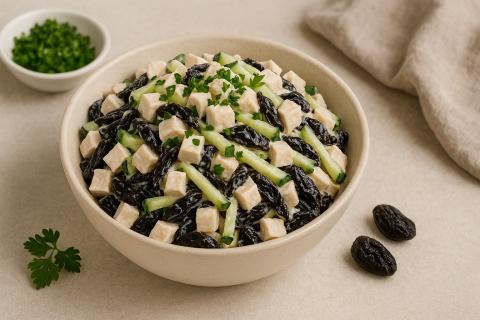 Салат с курицей, морковью и черносливом получается питательным