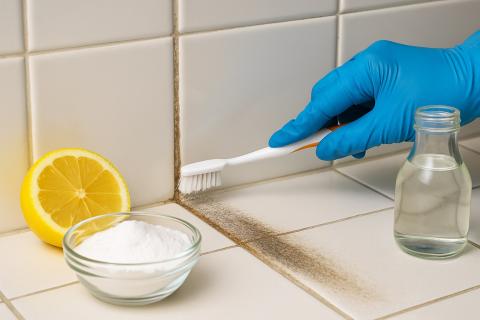 Бикарбонат натрия удаляет налёт и плесень в плиточных швах без повреждения затирки