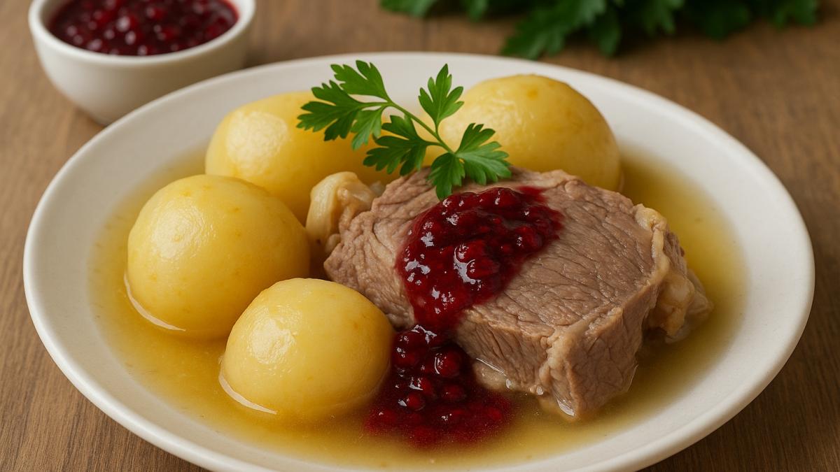 Варёное мясо с репой и брусничным соусом Варёное мясо с репой и брусничным соусом