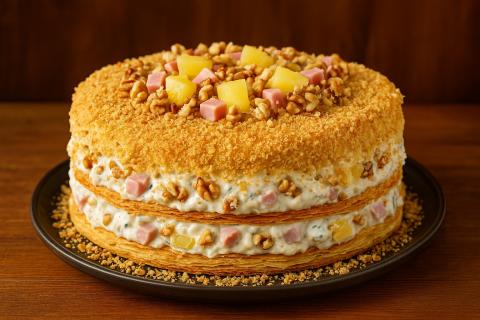 Сметанный торт с ананасами выпекается при температуре 180 градусов для воздушных коржей