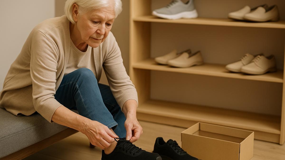 Пожилая женщина выбирает обувь