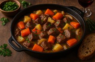 Беф бургиньон готовят из говядины с вином и овощами для насыщенного вкуса