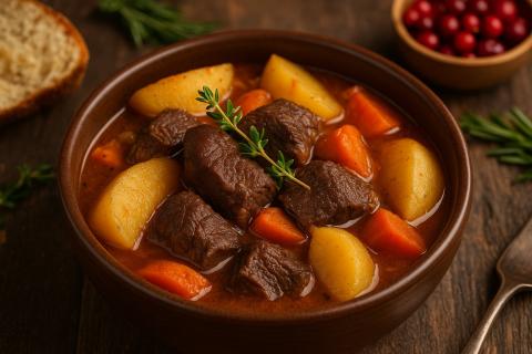 Свинина в красном вине обретает ресторанный вкус благодаря тушению с чесноком и лавровым листом