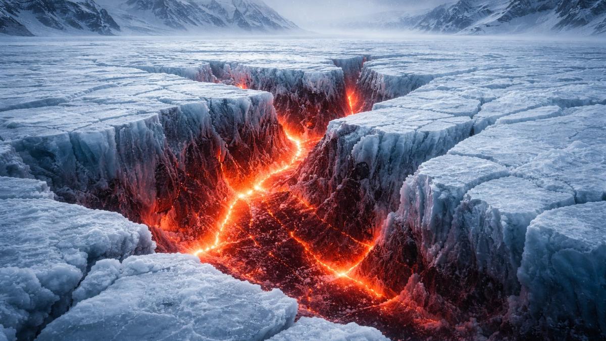 Пылающий вулкан под ледником