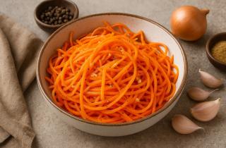 Салат Лисичка с корейской морковью и курицей получается сочным и насыщенным