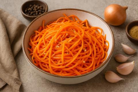 Салат Лисичка с корейской морковью и курицей получается сочным и насыщенным Салат Лисичка с корейской морковью и курицей получается сочным и насыщенным