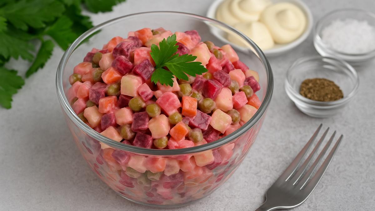 Винегрет с майонезом в стеклянной миске