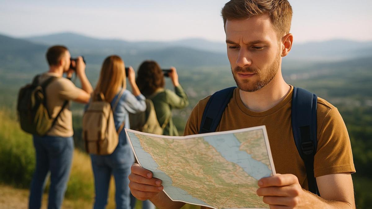 Путешественник с картой и друзьями
