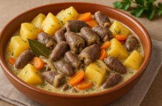 Куриные желудки по-корейски готовятся с луком, перцем и соевым соусом для пикантного вкуса