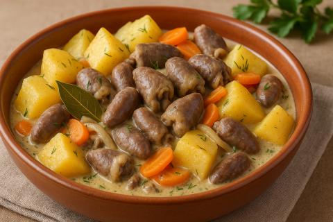 Куриные желудки по-корейски готовятся с луком, перцем и соевым соусом для пикантного вкуса