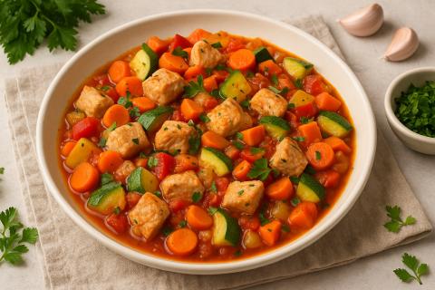 Мясо с овощами в томатном соусе сохраняет сочность при медленном тушении