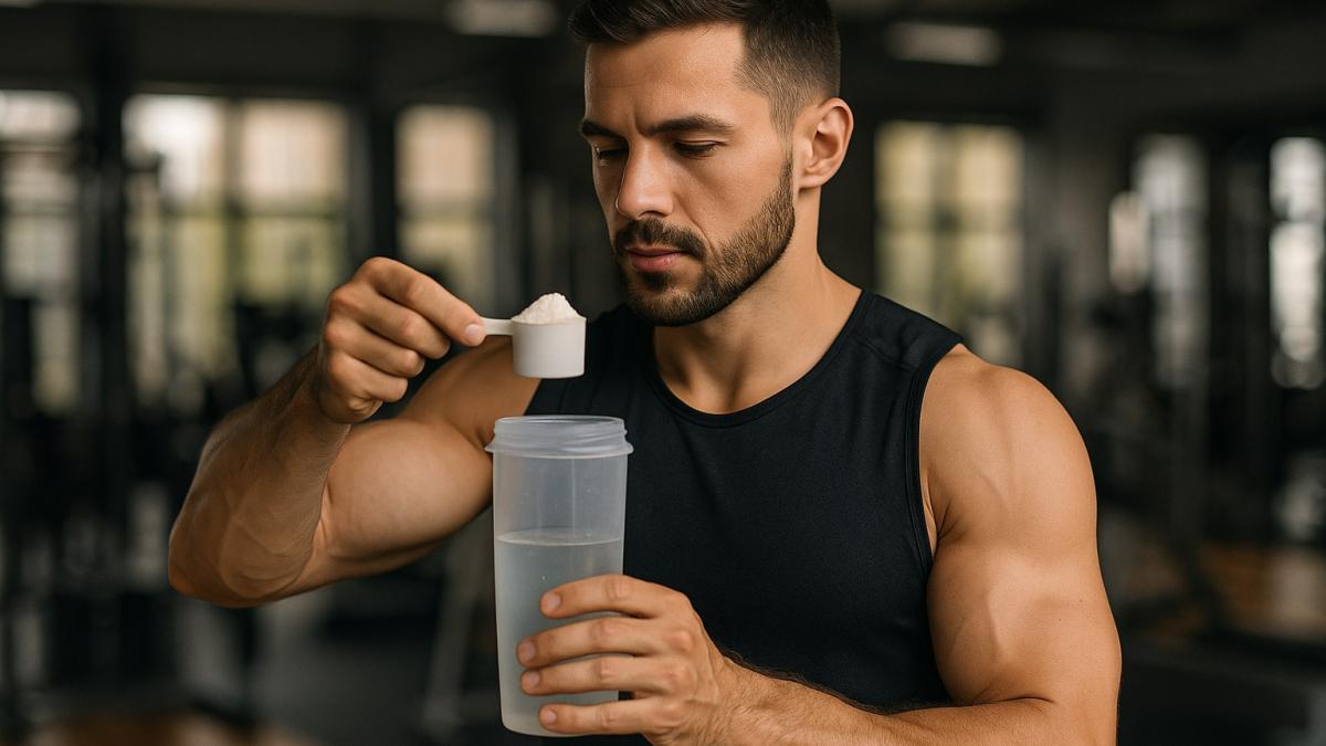 Спортсмен принимает креатин после тренировки
