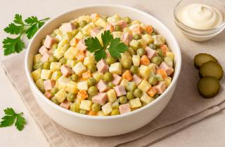 Салат Оливье с грибами вместо мяса получается не менее вкусным и ароматным