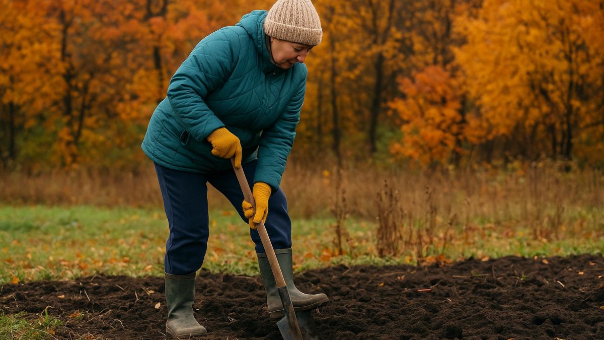 Садовод перекапывает землю осенью