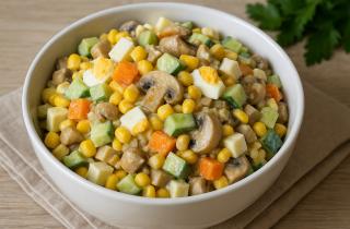 Салат с маринованными шампиньонами, сыром и яйцами сохраняет форму — повар