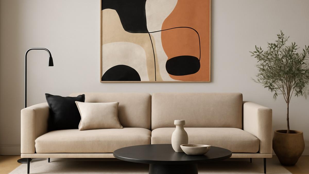 Современная гостиная с абстрактной картиной над диваном