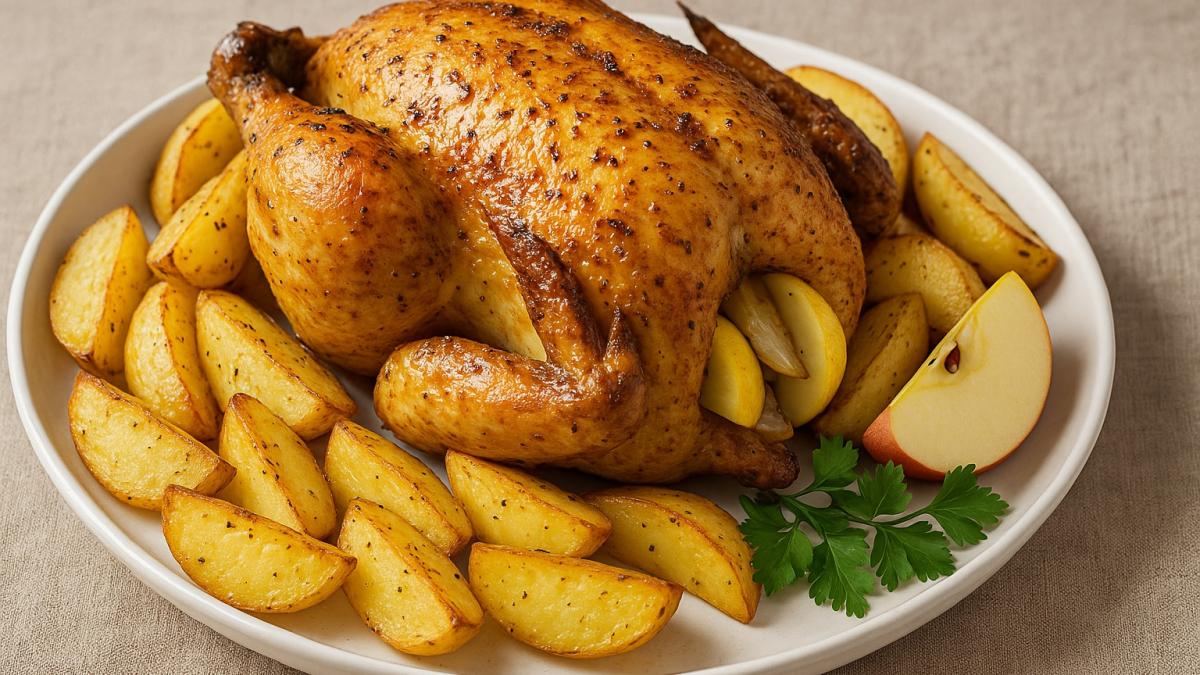 Фаршированная курица в духовке  целиком с картошкой и яблоками Фаршированная курица в духовке  целиком с картошкой и яблоками