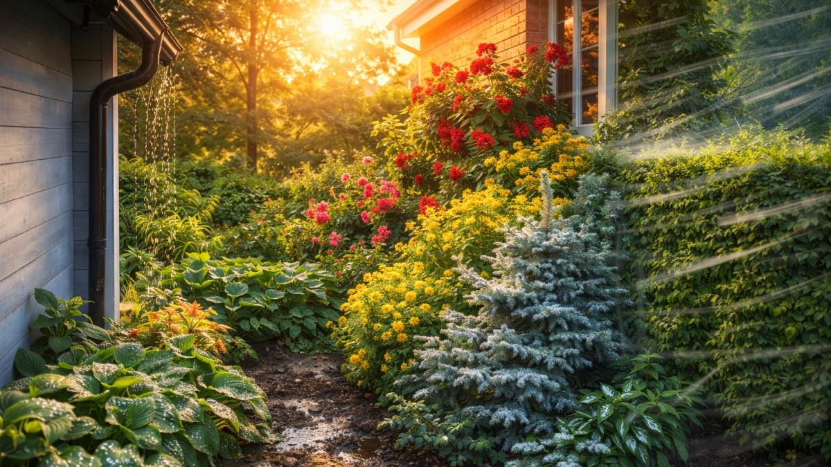 Сад с ярким солнечным светом