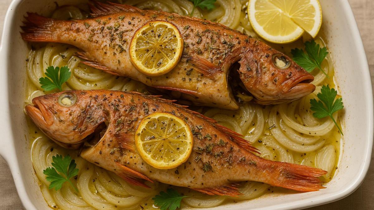 Запечённый морской окунь с луком и лимоном Запечённый морской окунь с луком и лимоном